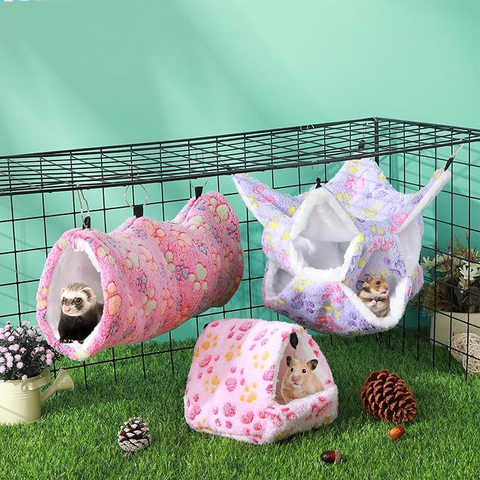 Abbylike 9 Pieces Rat Hammock 3 Tier Guinea Pig Ferret Hammocks Small Pet Hanging Tunnel Glider Toy Guinea Pig Ferret Hideout Bed Cage Accessories for Hamster(Purple, Pink, Rose Red,Paw)