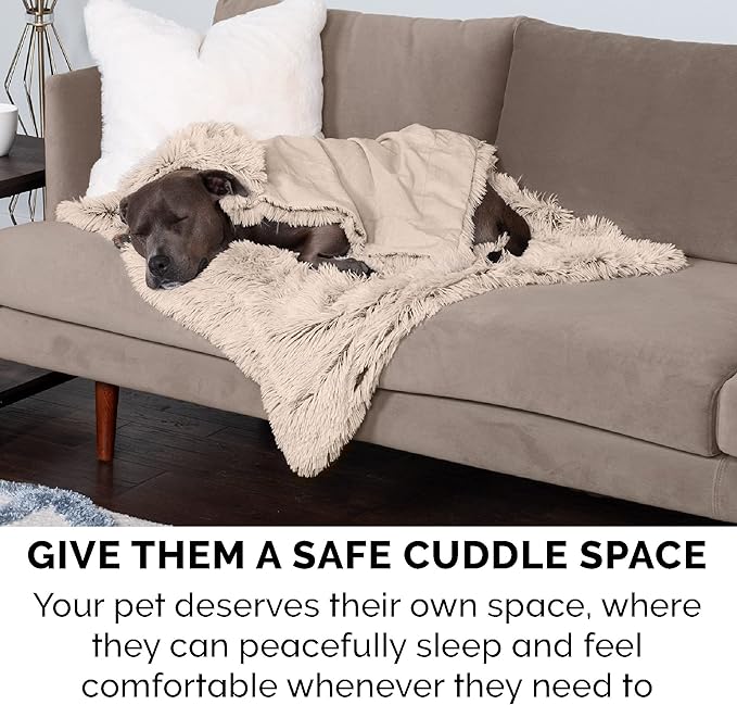 Furhaven Waterproof Throw Blanket for Dogs & Indoor Cats, Washable - Shaggy Plush Calming Long Faux Fur & Velvet Dog Blanket - Taupe, Small