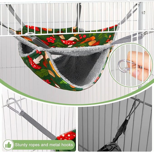 Bienbee 2 Pcs Ferret Rat Hammock Set for Cage Washable Guinea Pig Hideout Bed Soft Small Animal Hammock Tunnel Toys Ferret Cage Accessories for Hedgehog Sugar Glider Squirrel Hamster, Green Mushroom