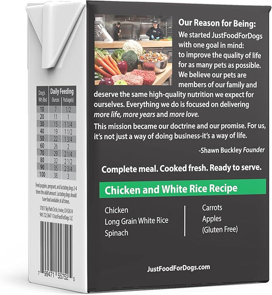 JustFoodForDogs Pantry Fresh Wet Dog Food, Complete Meal or Dog Food Topper, Chicken & White Rice Human Grade Dog Food Recipe - 12.5 oz (Pack of 12)