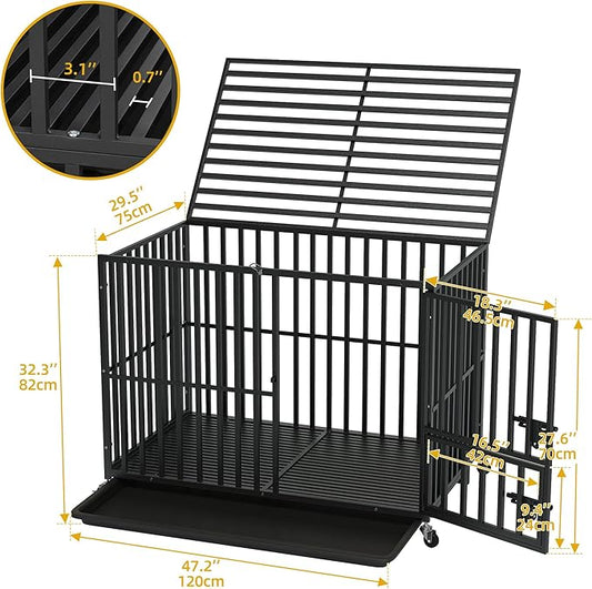DWVO Heavy Duty Dog Crate, 47 Inch Escape-Proof Dog Cage Indoor Kennel for Medium Large Dogs with Lockable Wheels, 3-Door Design, High Anxiety Dogs Crate with Removable Trays