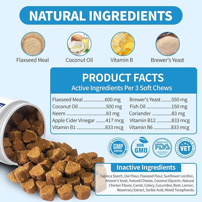 Flea and Tick Prevention for Dogs Chewables 200 Soft Treats - Oral Flea and Tick Chews Supplement, Vet Recommended Supplement Chews, Skin & Coat Support for Dogs, Puppies, All Breeds & Sizes