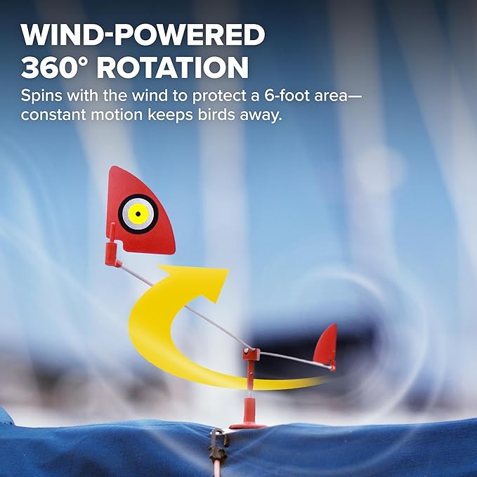 Bird B Gone - Repeller 360 - Spinning Bird Deterrent With Scare Eye Flags - Deters Seagulls and Other Birds From Landing - Durable Windproof Design - For Boats, Docks, Lights - Easy Installation - 6ft
