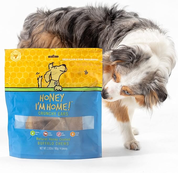 Honey I'm Home Buffalo Crunchy Ears Dog Chews, 4-Pack – Honey Coated, All-Natural, Free-Range, Grain-Free, Healthy & Crunchy Treats