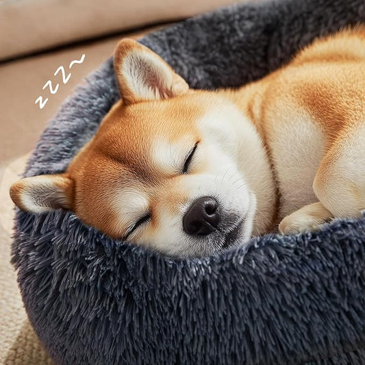 Love's cabin Calming Dog & Cat Bed, Cat Bed for Indoor Cats,Anti-Anxiety Donut Round Dog Bed,Fluffy Faux Fur Washable Bed for Small Medium Pet,Beige,Bluish Grey,30"