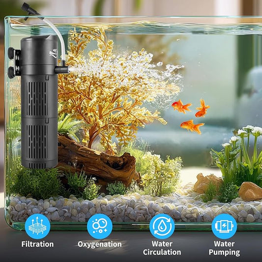 Aquarium Filter, Fish Tank Filter 4-in-1 for 15-40 Gallon Tanks, Submersible Internal Filter with Wave-Maker, Oxygenation & Adjustable Air Flow for Freshwater/Saltwater/Turtle Tanks (8W)