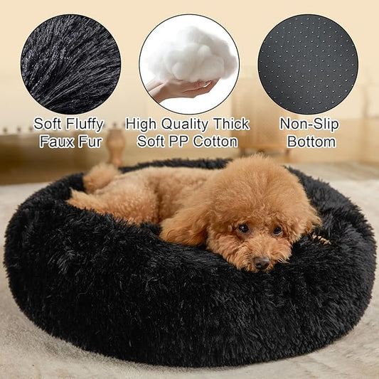 Dog Calming Beds for Small Medium Large Dogs - Round Donut Washable Puppy Dog Bed, Anti-Slip Faux Fur Fluffy Donut Cuddle Anxiety Cat Pet Bed(24'' Black)