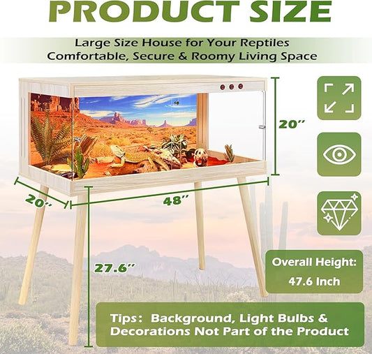 Royxen Tempered Glass Bearded Dragon Tank,81 Gallon Reptile Tank with Leg Stand,Built-in Lighting Reptile Enclosure Scartch-Proof Bearded Dragon Encloure for Chameleon,Snake,Lizard(Oak,48"x 20"x 20")
