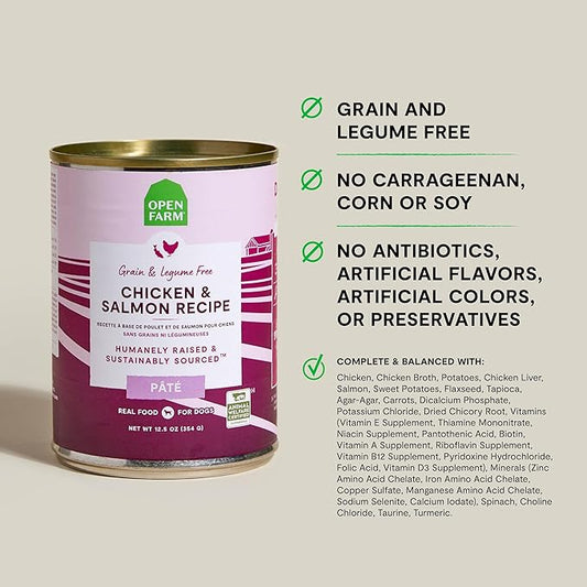 Open Farm Canned Dog Food, Paté for Complete & Balanced Nutrition, Grain-Free and Legume-Free, Chicken & Salmon Recipe, 12.5oz Cans (Pack of 12)