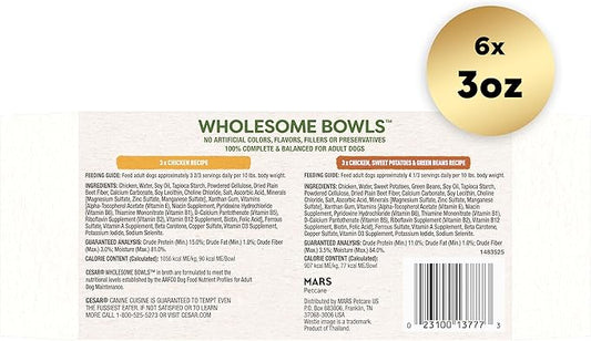 Cesar Wholesome Bowls Adult Wet Dog Food, Chicken Recipe and Chicken, Sweet Potatoes & Green Beans Recipe Variety Pack, 3 oz. (6 Count, Pack of 1)