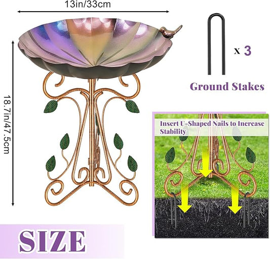 13" Diameter Vintage Metal Bird Bath, Birdbaths with Cast Iron Pedestal, Large Antique Bird Feeder for Outdoors Garden Patio Decor (Colorful Gradient)