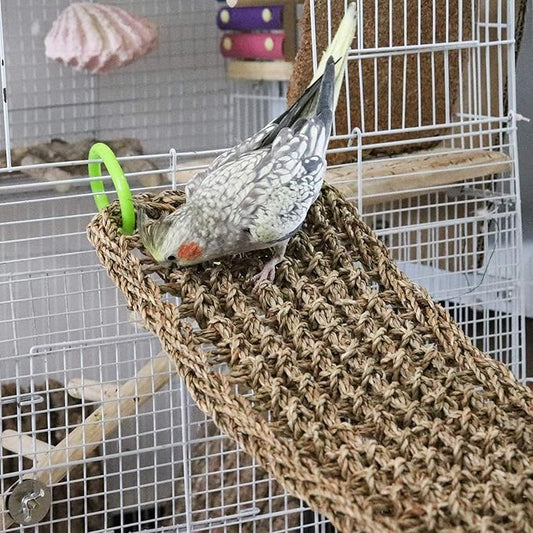 39 x 7 Inches Seagrass Mat, Natural Seagrass Woven Net, Bird Hammock Mat with Hooks, Cage Accessories, Climbing Rope Ladder Chew Toys for Cockatiel, Hamster, Guinea Pig, Rats, Parakeet