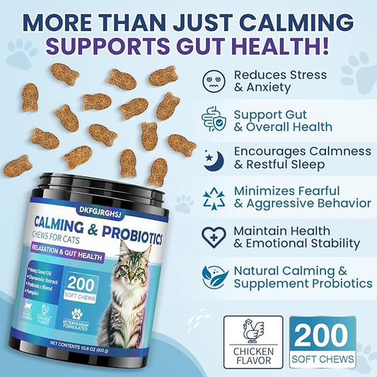 Cat Calming Treats, 200 Soft Chews Hemp Calming for Cats Gut Health with Probiotics, Calm Cat Treats for Anxiety and Stress Relief & Probiotic for Cats Digestive Health Chicken Flavor