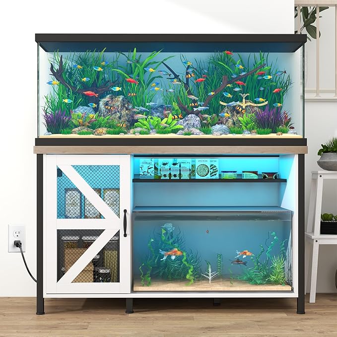 Verano 55-75 Gallon Aquarium Stand with Cabinet, Fish Tank Cabinet with Power Outlets & LED Light, Modern Turtle Tank Stand 52 inch x 19.7-inch Desktop, Heavy Duty Metal Frame,1100LBS Capacity (White)