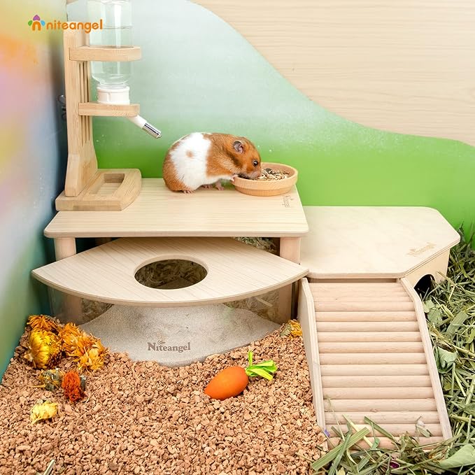 Niteangel Hamster Play Wooden Platform for Dwarf Syrian Hamsters Gerbils Mice Degus or Other Small Pets (10.2 L x 7 W -5.9'' Height, Burlywood)