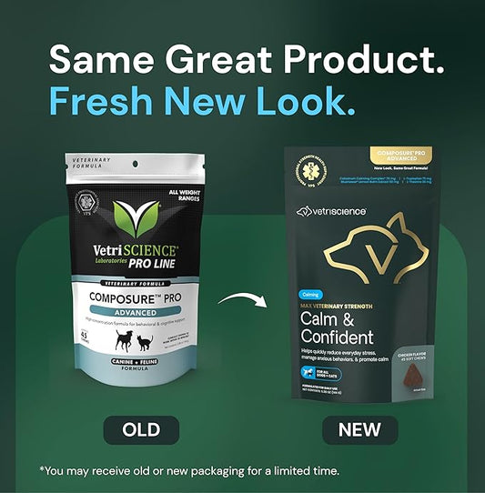 VetriScience Max Veterinary Strength Calm & Confident Chews - Stress Supplement for Pets - Supports Brain Function for Cats & Dogs - with Lemon Balm Extract, L-Theanine, Thiamine & More - 45 Count