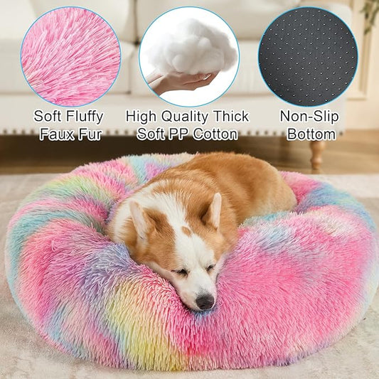 Dog Calming Beds for Small Medium Large Dogs - Round Donut Washable Puppy Dog Bed, Anti-Slip Faux Fur Fluffy Donut Cuddle Anxiety Cat Pet Bed(20'' Color)