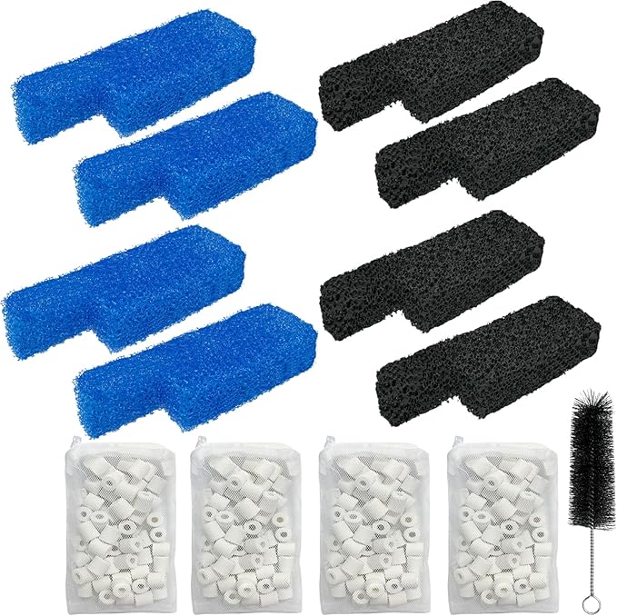 Aquarium Media Maintenance Kit Compatible with Seachem Tidal 35 Gallon Power Filters, Includes 4 Packs Ceramic Rings, 4 Packs Blue Foam Filters and 4 Packs Carbon Sponge Filters