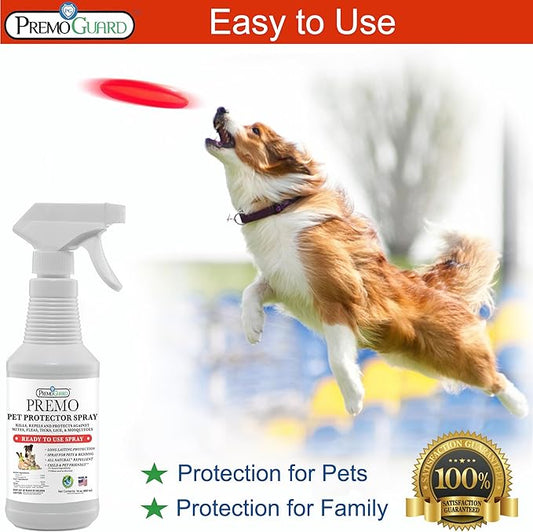Premo Guard Pet Protector Spray - 32 oz - Kills Mites, Fleas, Ticks, & Mosquitoes - for Dogs, Cats, & Home - Natural Plant Based Oils for Control, Prevention & Treatment - Family Safe