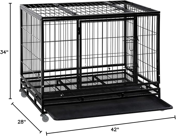 Dog Crate Cage for Large Dogs Heavy Duty 48/42/36Inches Dog Kennel Pet Playpen for Training Indoor Outdoor with Plastic Tray Double Doors & Locks Design (42")