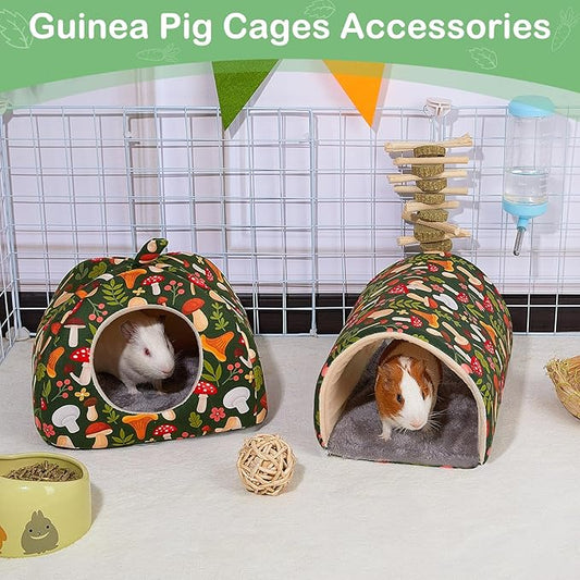 Bienbee Guinea Pig Hideout, Washable Rabbit Bed with Guinea Pig Tunnel, 2 Pack Guinea Pigs Toys Set Bunny Hideout Cage Accessories for Hamster Ferret Rabbits Bunny, Green Mushroom