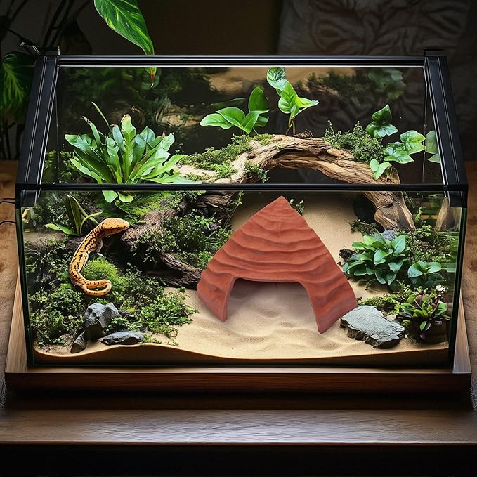 Corner Reptile Cave - Natural-Look Hide for Lizards, Snakes, Bearded Dragons, Turtles, and Tortoises - Durable Habitat Decor - Terracotta
