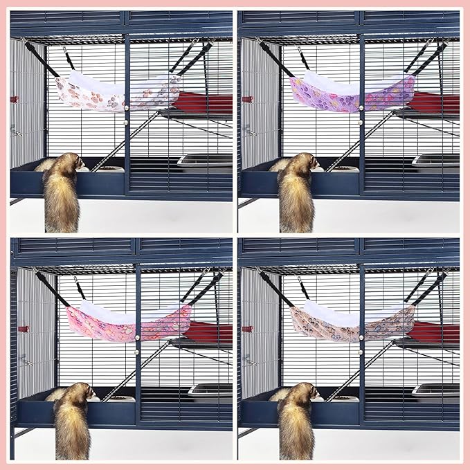 Geelin 4 Pcs Cat Hammock for Cage Hanging Soft Pet Hammock Bed with Adjustable Straps and Metal Hooks Double Sided Bed for Large & Small Cats Ferret Rat Sugar Glider Puppy(Paw,20 x 24 Inch)