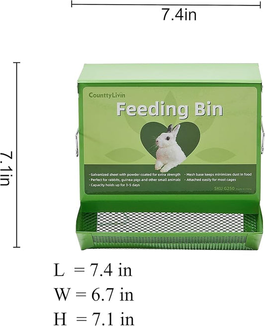 Metal Small Animal Feeder with Lid, Heavy Duty, Large Capacity Food Dispenser, Great for Rabbits, Guinea Pigs, Chinchillas and Other Small Animals (7.4 inch, Green)