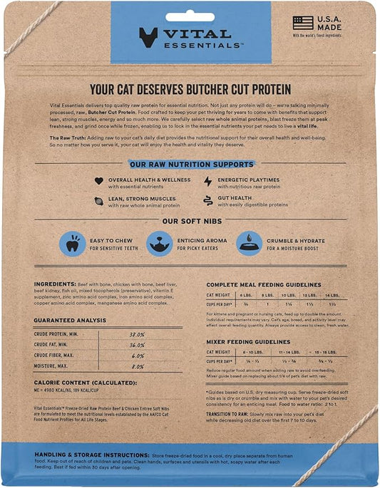 Vital Essentials Freeze-Dried Raw Beef & Chicken Meal or Mixer Cat Food Soft Nibs | 99% Beef, Chicken, Organs & Bone | 12 oz