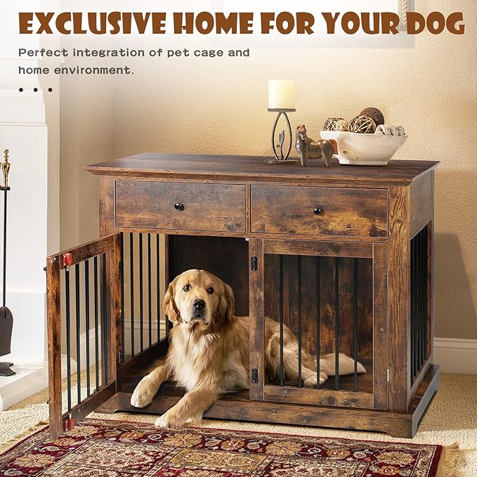 LEMBERI 44 Inch Large Dog Crate Furniture, Wooden Dog Kennel End Table with Storage Drawers, Decorative Pet Cage Dog House Indoor for Dogs, Brown