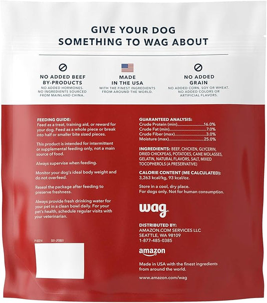 Amazon Brand - Wag Soft & Tender American Jerky Dog Treats - Beef Recipe ,6 Ounce (Pack of 1)