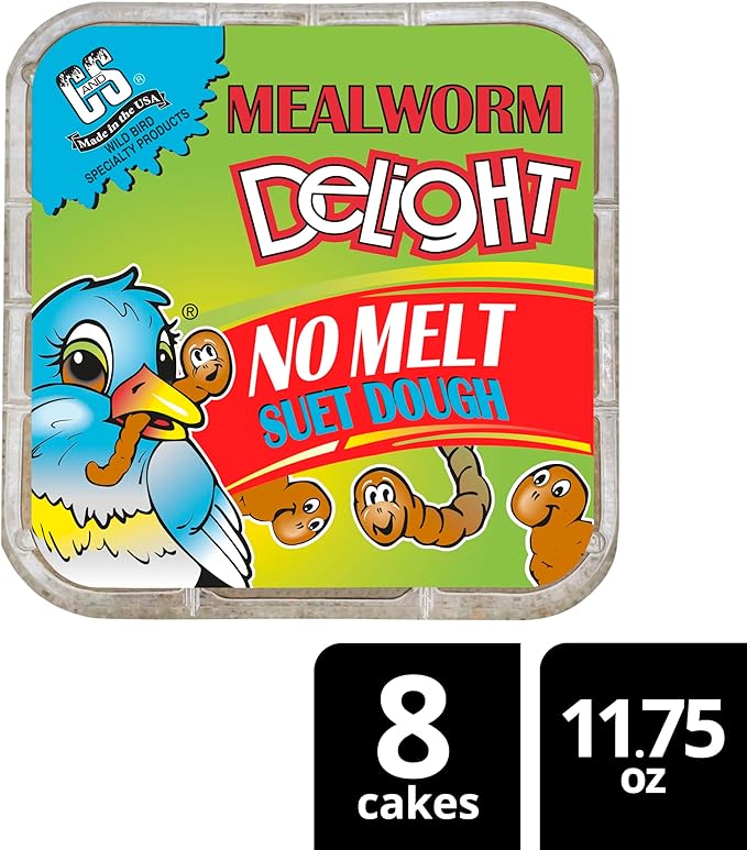 C&S Mealworm Delight No Melt Suet Dough, Suet Cakes for Wild Birds, 11.75 Ounces, Pack of 8