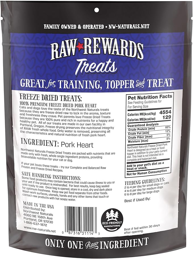 Northwest Naturals Raw Rewards Freeze-Dried Pork Heart Treats for Dogs and Cats - Bite-Sized Pieces - Healthy, 1 Ingredient, Human Grade Ingredients, All Natural, Proudly Made in USA, 3 Oz (Pack of 3)