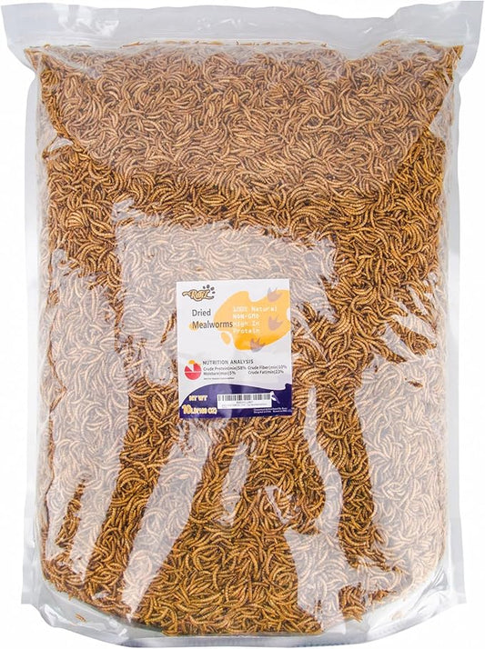 RANZ 10LBS Non-GMO Dried Mealworms for Chickens, High Protein Meal Worms, Premium Chicken Feed, Perfect Bird Food and Chicken Treats, Whole Large Mealworms for Wild Birds, Ducks, Fish
