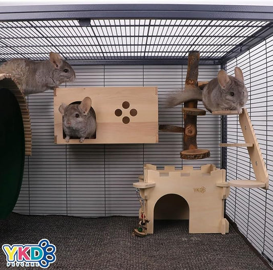 YKD Chinchilla Wooden House with Ladder - Small Animal Hideout for Squirrel or Sugar Gliders - Ventilated Wooden Chinchilla Hut Hideout with Multiple Doors