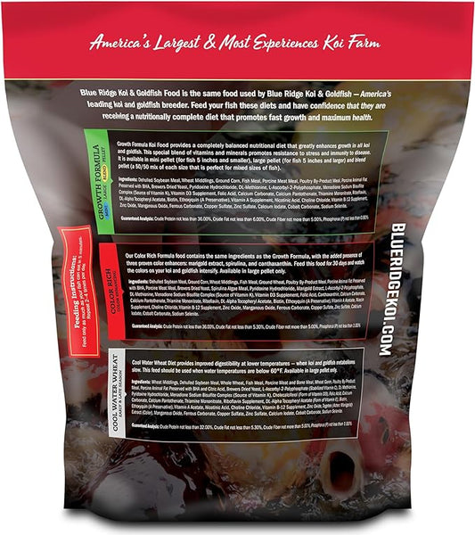 Blue Ridge Koi Fish Food 5lb - Koi Food 3/16” Large and Mini Blend Growth Formula, Goldfish Food, Premium Fish Food for Ponds, Ponds Fish Food, Floating Pond Pellets