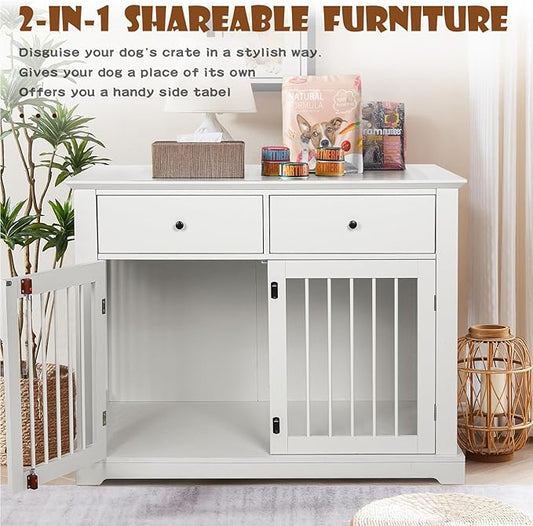 LEMBERI 44 Inch Large Dog Crate Furniture, Wooden Dog Kennel End Table with Storage Drawers, Decorative Pet Cage Dog House Indoor for Dogs