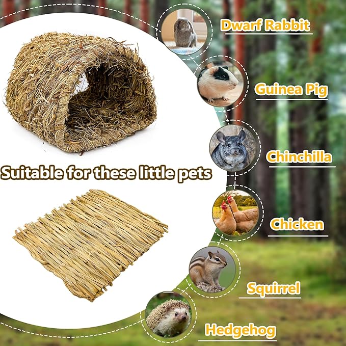Hamiledyi Bunny Grass Tunnel,Rabbit Grass Bed,Natural Straw Woven Mat Winter Warm Hideaway Hut for Rabbit Gerbil Ferrets Guinea Pig Chinchilla (Small).