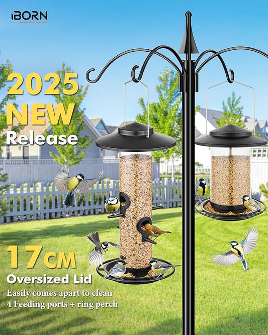 iBorn Metal Bird Feeders for Outdoors, 2LB Bird Seed Feeder 17cm Large Roof &Tray, 4 Feeding Ports, Black Finish