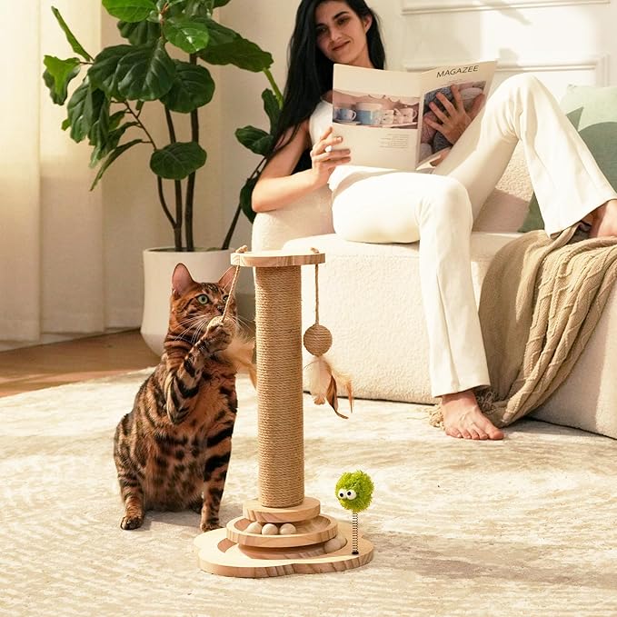 TINYBEAST Wooden Cat Scratching Post, 4 in 1 Cat Scratcher Toy with Cat Ball Tracks, 18" Tall Sisal Scratch Post for Indoor Kittens Adult Cats, Interactive Feather Toy and 2 Sisal Hanging Balls