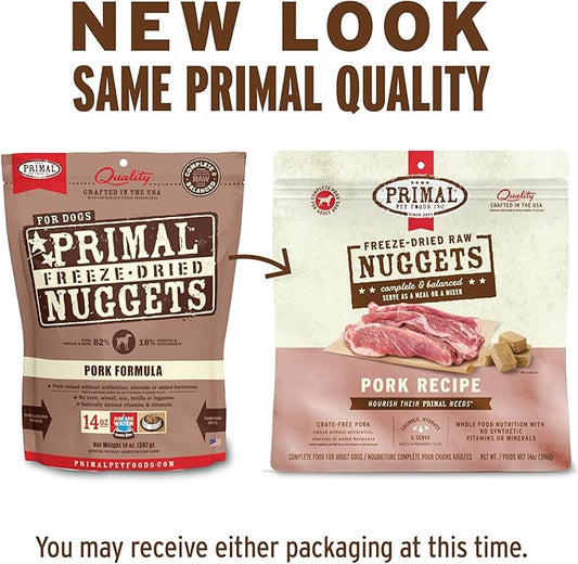 Primal Freeze Dried Raw Dog Food Nuggets, Pork, Complete & Balanced Meal, Also Use as Topper or Treat, Premium, Healthy, Grain Free, High Protein Raw Dog Food, 14 oz (Pack of 2)