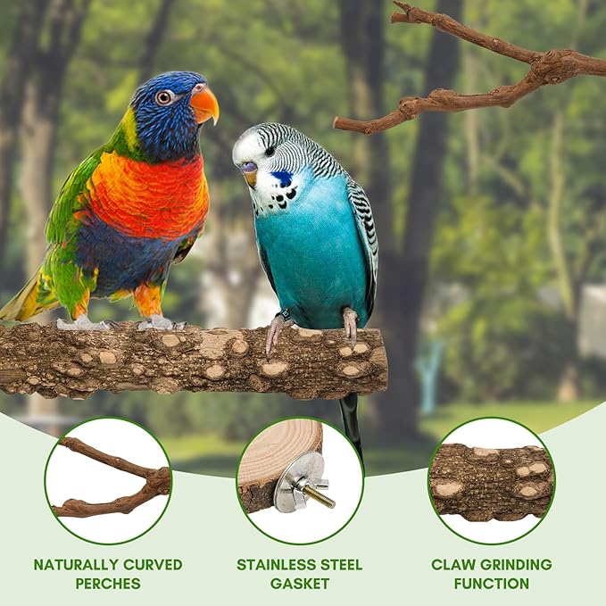 8pcs Brid Perch Bird Cage Accessories 2 Natural Grape Stick Paw Grinding Fork 6 Parrot Stand Bird Toys for Parakeets, Cockatiels, Conure, Budgies