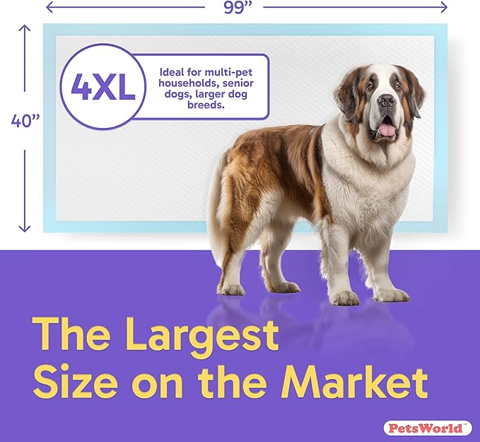 PETSWORLD Mega-Sized Dog Pee Pads (40" x 99") – 4XL Gigantic Pet Piddle Pads for Puppy Training, Incontinence – with Adhesive Sticky Tape – Leak Proof, 5-Layer Protection (240 Count)