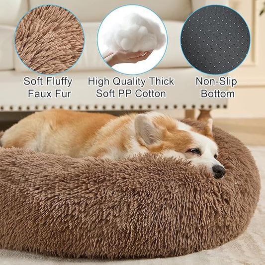 Dog Calming Beds for Small Medium Large Dogs - Round Donut Washable Puppy Dog Bed, Anti-Slip Faux Fur Fluffy Donut Cuddle Anxiety Cat Pet Bed(16'' Khaki