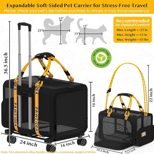 PAWZIDEA Expandable Pet Carrier with Wheels, 24"x16"x16" Large Cat Carrier for 2 Cats, Soft-Sided Dog Travel Crate for Small Medium Dog, Collapsible Rolling Travel Bag w/Telescopic Handle, Chew-Proof