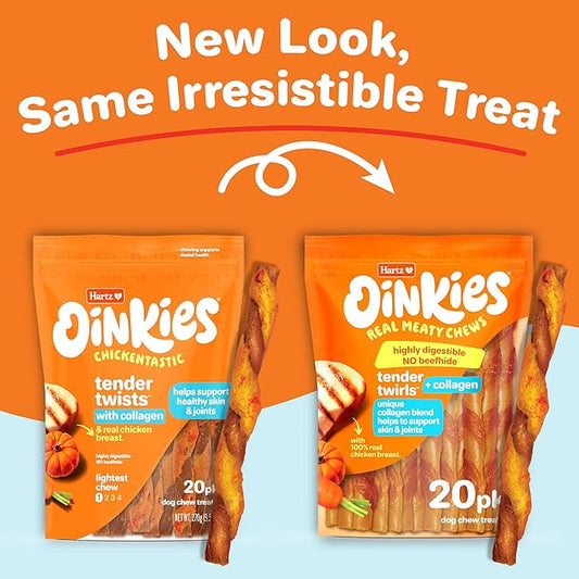 Hartz Oinkies Twirls + Collagen to Support Skin & Joints, Made with Real Chicken Breast, Highly Disgestible Dog Chews, 20 Count