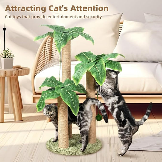 Cat Scratching Post 31.5" Palm Tree Cute Cat Tree with 3 Scratching Poles Sisal Hanging Balls Cat Scratcher for Kitten and Adult Cats