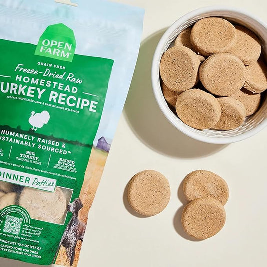 Open Farm, Freeze Dried Raw Dog Food, Patties with 95% Meat, Organs & Bone, Complete Meal or Freeze Dried Dog Food Mixer, Turkey Recipe, 17.5oz Bag