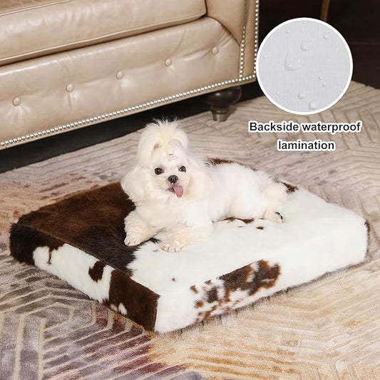 Bedfolks Waterproof Crate Bed, Plush Dog & Cat Bed with Removable Washable Cover, Faux Fur Kennel Pad, 23"x18", Cow Print