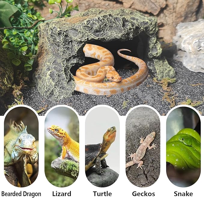 BNOSDM Reptile Hideout Rock,Tortoise Hide Cave,Resin Rock,Lizards Hideaway,Turtle Basking Platform,Reptiles Habitat Decor Tank Accessories for Bearded Dragon Gecko Snakes Chameleon Frogs
